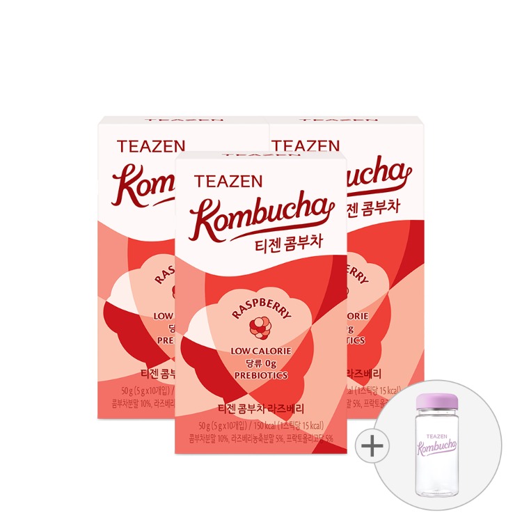 Teazen Комбуча малина, 10 стиков, 3 упаковки с бутылкой
