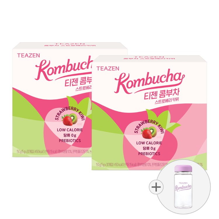 Teazen Комбуча клубника киви, 30 стиков, 2 упаковки + бутылка