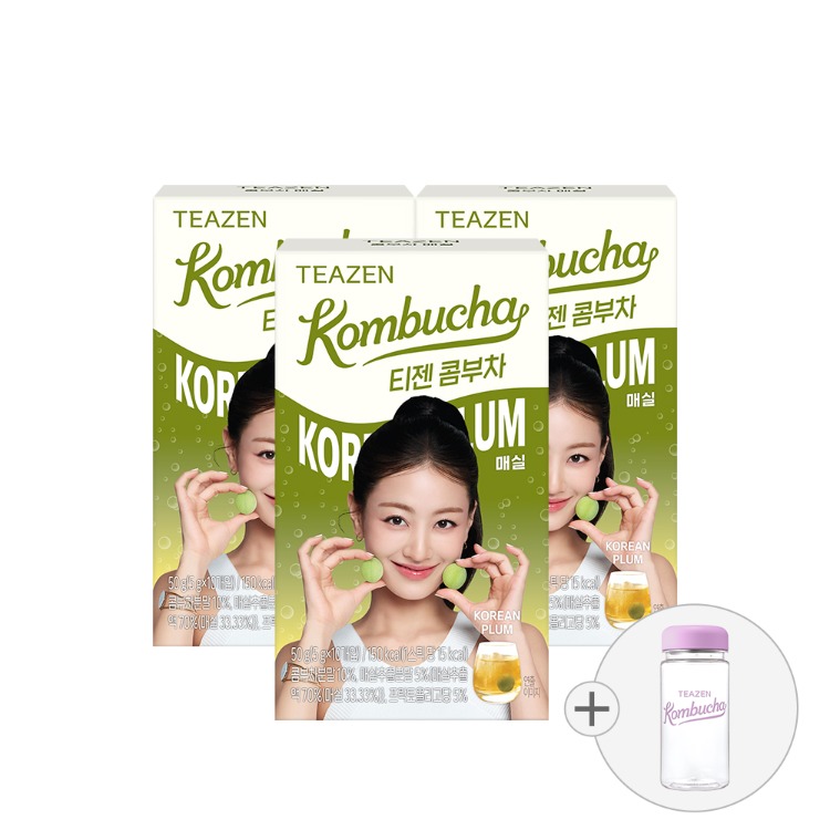 Teazen Комбуча слива, стики, 10 шт., 3 упаковки + бутылка