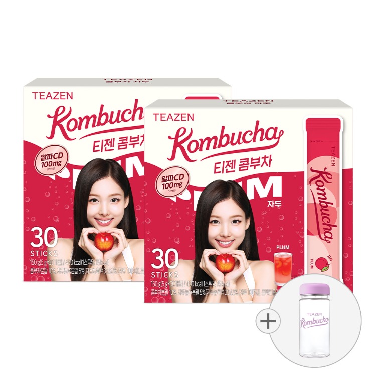 Teazen Комбуча со сливой, 30 стиков, 2 упаковки + бутылка