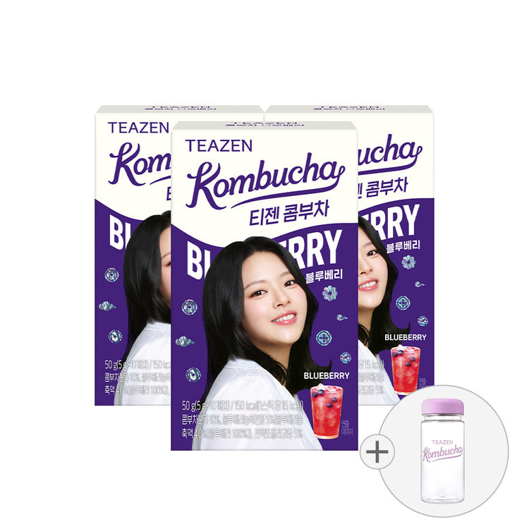 Teazen Комбуча с черникой, 10 стиков, 3 упаковки + бутылка