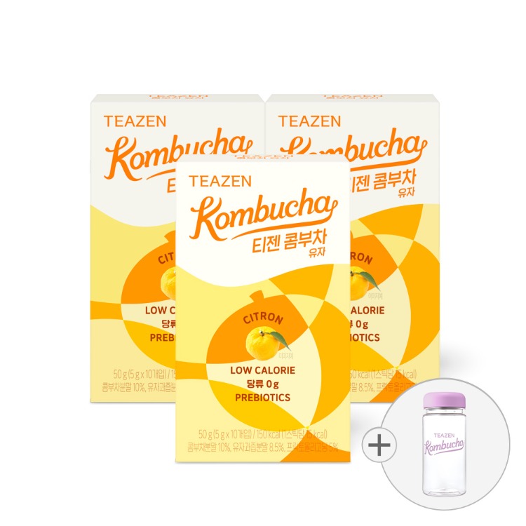 Teazen Комбуча Юдзу, 10 стиков, 3 упаковки + бутылка