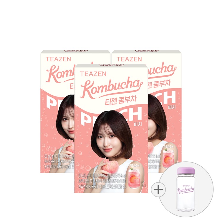 Teazen Kombucha Peach, 10 стиков, 3 упаковки + бутылка
